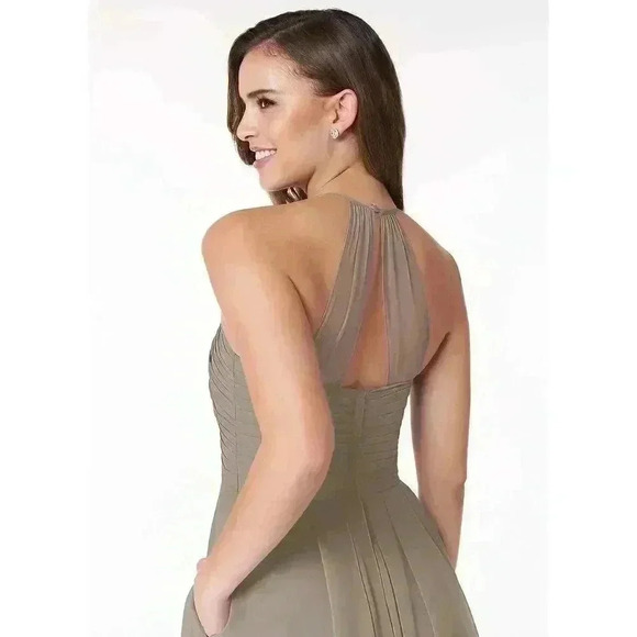 AZAZIE ADRIANA A-Line Pleated Chiffon Knee-Length Dress Taupe Size A2 - Picture 2 of 12